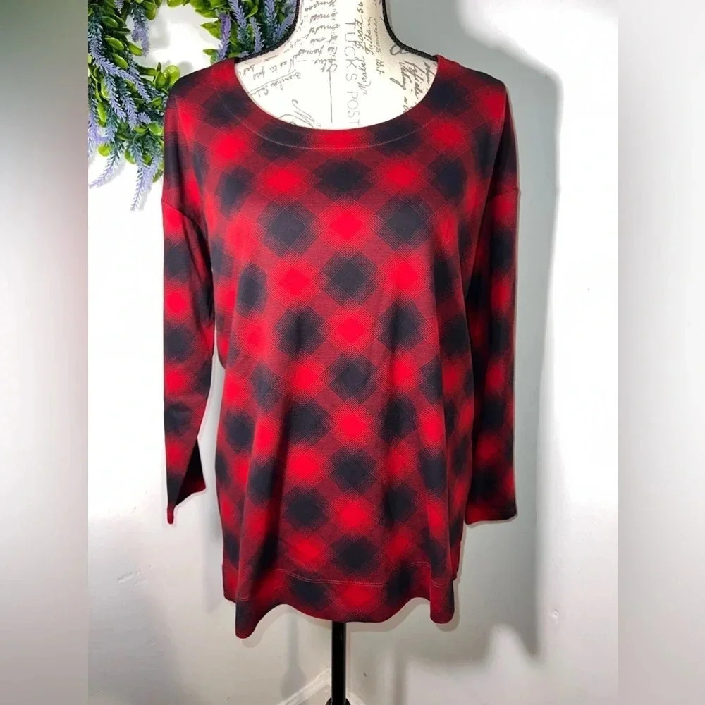 J.Jill,SP, simply supima, scoop neck red black‎ plaid slit hem long sleeve tunic